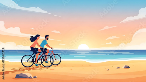 Couple Cycling on the Beach at Sunrise or Sunset Illustration