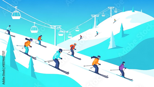 Dynamic Skiing Downhill with Gondola Lifts Illustration