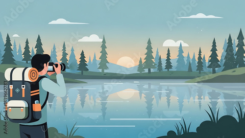 Hiker Photographer Taking Photo of Lake Landscape Illustration