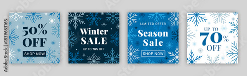 Winter sale banner design set. Snowflake pattern cards with seasonal price deal. Discount flyers shades of blue color. Limited offer promotional brochures. EPS 10 vector illustration.
