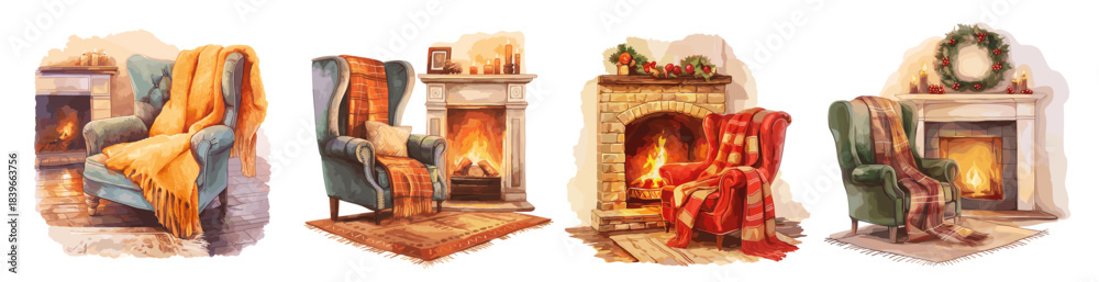 Obraz premium Armchairs home watercolor. Blue green armchair with red orange blanket, Warm fireplace fire carpet warmth home cozy interior vector illustration