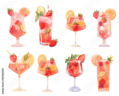 Cocktails watercolor set. Berry fruity summer strawberry lemonade, cocktail juice glass goblet fruit refreshing ice mint strawberry drink vector illustration