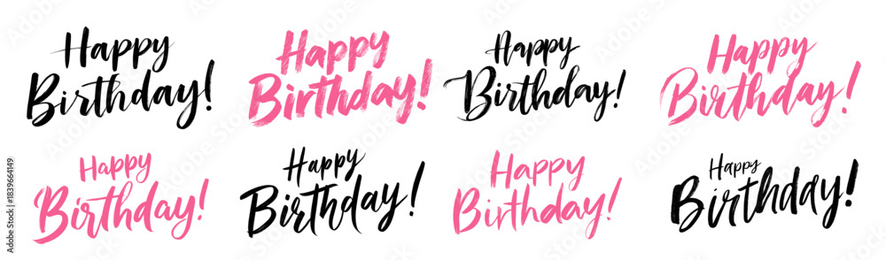 Fototapeta premium Happy Birthday text. Handwritten black pink font congratulations birthday, calligraphy manuscript card design letter ink brush drawing vector illustration