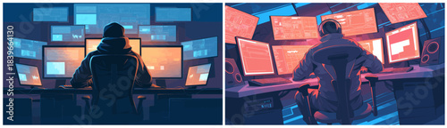 Hackers background set. Hacker cartoon, IT programmer monitors back view male scammer hacking attack anonymous vector illustration
