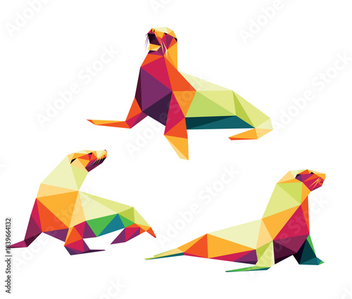 Sea Lion Illustration Set in Colorful Polygonal low poly. Seal in Colorful abstract Vector. Collection of Sea Lion Colorful Logo