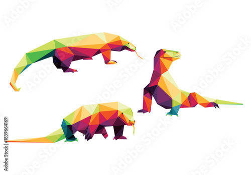 Collection of Komodo Reptile in Colorful Polygonal Low Poly. Set of Colorful abstract vector of Komodo Lizard. Komodo Colorful logo vector. Good for kids animal book