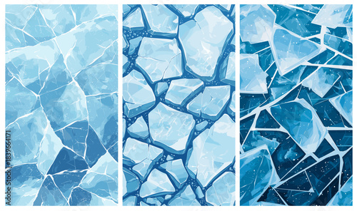 Ice cracks cartoon background. Glaciers set texture, cold glacial Arctic Antarctica northern iceberg snow winter water vector illustration