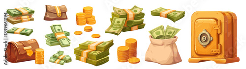 Money cartoon set. Coins green bills bag orange safe, stack banknotes capital bank wealth accumulation cash Vector illustration