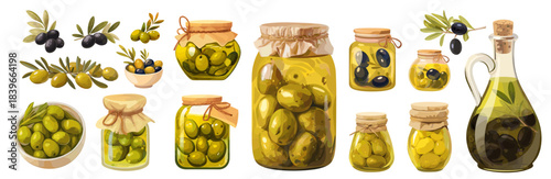 Olives cartoon set. Olive green black, glass jar oil fruit berry branch preserves snack vector illustration