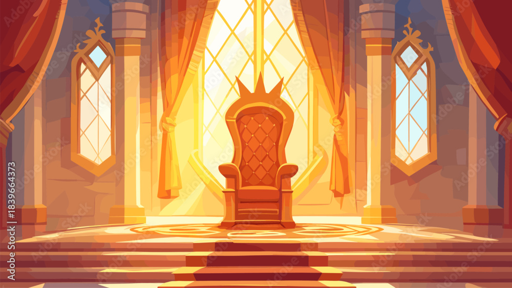 Naklejka premium Throne background cartoon. Medieval hall, interior chair castle antique fairytale fantasy windows sunny daylight king queen power vector illustration