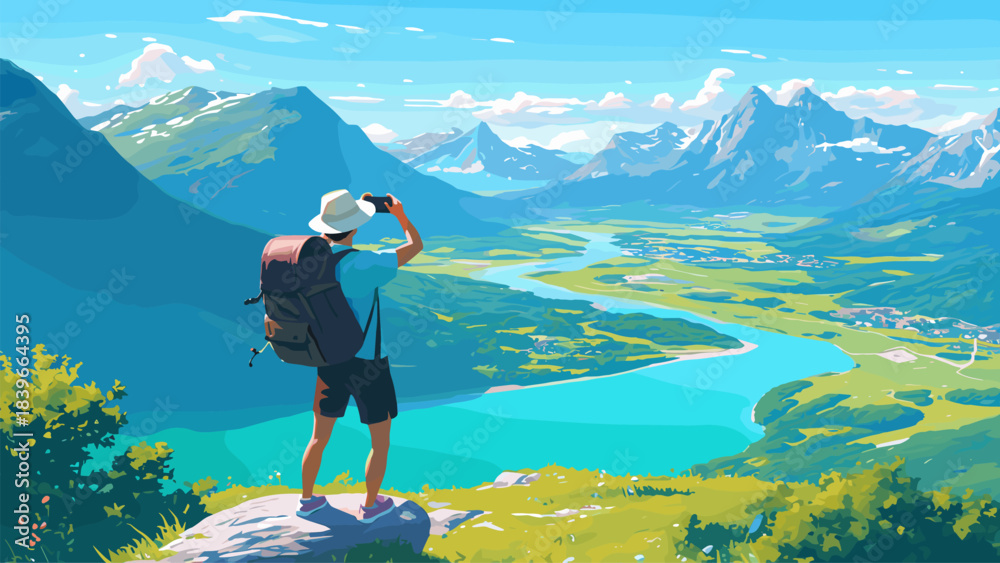 Fototapeta premium Tourist landscape cartoon. Man photographing landscape, hike travel adventure nature mountains river summer background vector illustration