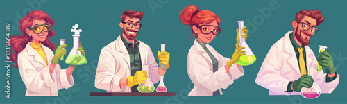 Scientists cartoon set. Red-haired woman man scientist, white coat chemist chemicals flask experiment vaccine biological scientific experiment pharmaceuticals laboratory vector illustration