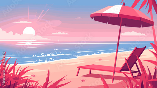 Sea sunset pink background. Beach umbrella hammock landscape, sand summer tropical vacation resort ocean vector illustration