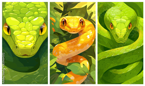 Snakes cartoon background. Green yellow snake set, reptile viper cobra python venom animal jungle wildlife vector illustration
