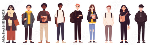 Students set flat. Student, school university education young man woman different nationalities diversity vector illustration