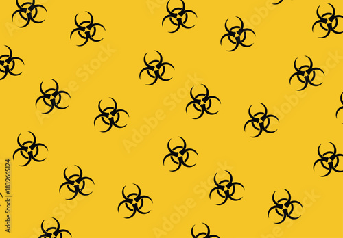 Seamless hazard symbol pattern with biohazard icons on yellow background