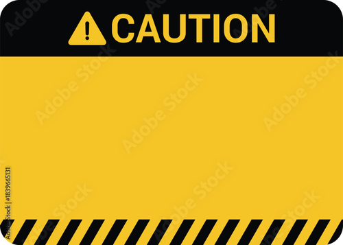 Caution warning sign diagonal striped template, blank yellow area for text, black and yellow striped background