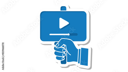Blue stylized hand holding a sign with a white play button and progress bar symbolizing video content creation and playback against a black background