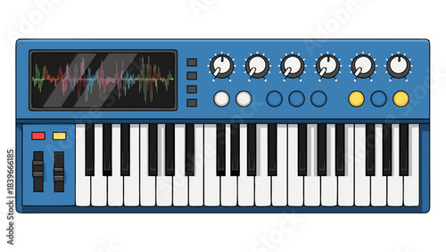 Blue Synthesizer Keyboard With Colorful Sound Wave Display and Multiple Dials on Black Background Pixel Art Style
