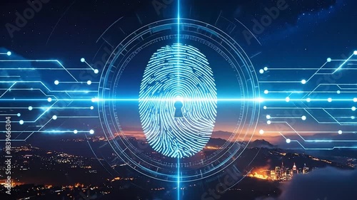 Digital Fingerprint Security Overlaying Cityscape at Night