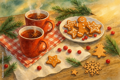 Watercolor festive Christmas breakfast table with cozy seasonal elements