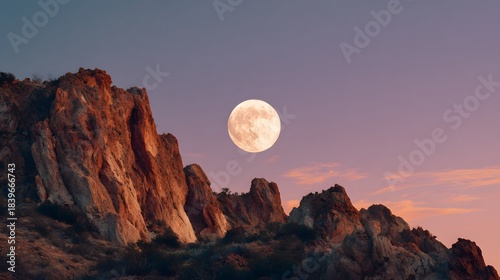 Bright full moon ascends above rugged mountain peaks during twilight hours