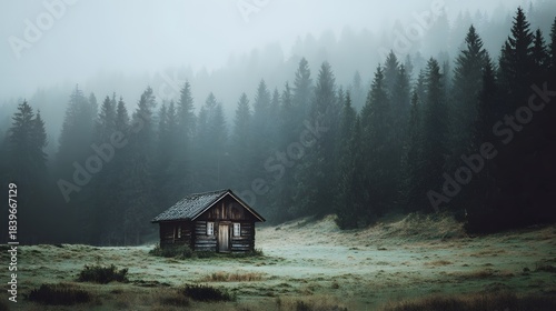 Remote wooden dwelling sits solitary in a misty clearing surrounded by dense evergreen forest