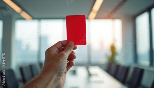 Hand holds red card in office against blurred background. Concept of warning violation penalty or decision. Ref shows card. Man gesturing. Meeting room shows bad behavior or misconduct.