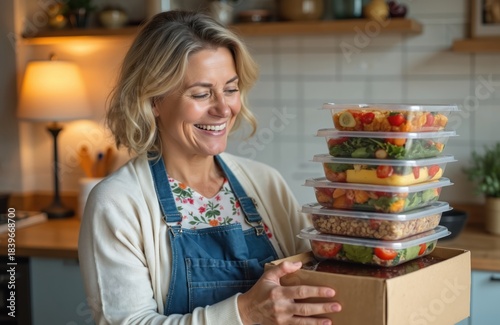 Woman holding cardboard box with plastic containers of food. Smiling woman in kitchen with meal delivery box. Person with precooked food containers. Woman in apron with food storage boxes.
