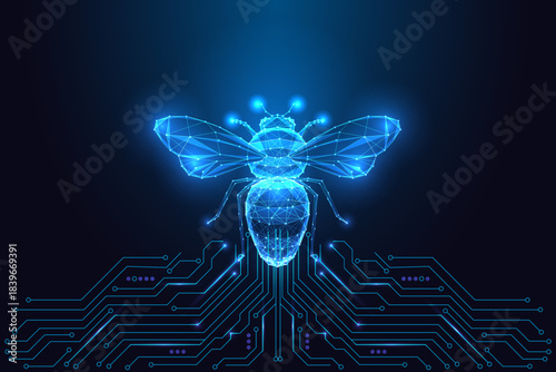 Digital polygon bee with glowing wings and tech circuitry futuristic insect illustration vector