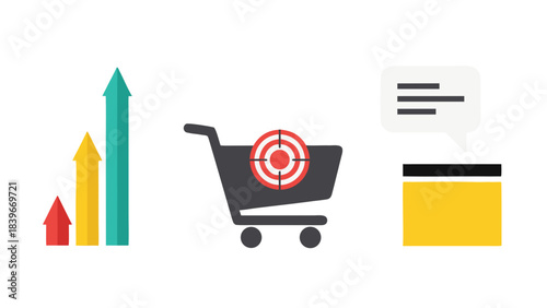 Business growth chart with shopping cart target and speech bubble icon representing e-commerce sales and customer feedback on a black background