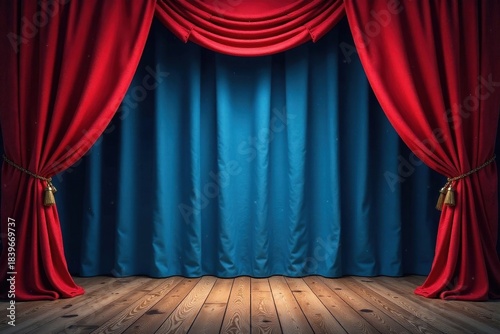 Dusty red & blue circus curtains, wooden stage, aged, macro
