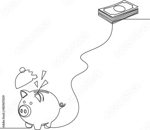 Broken Piggybank Losing Money: A Continuous Line Art Representation of Financial Saving Decline