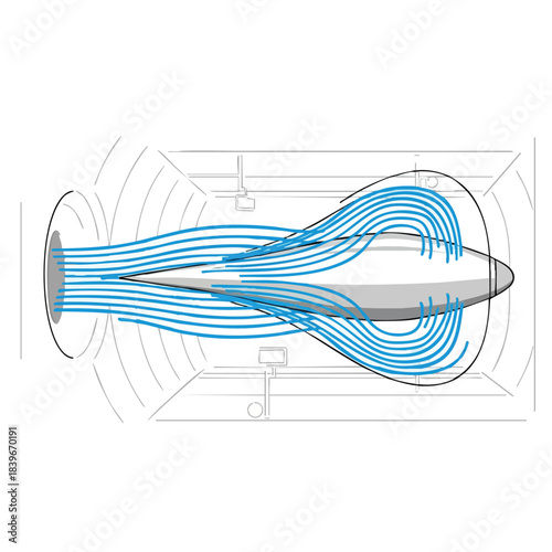 Aerodynamic flow visualization with streamlined blue lines illustrating airflow around a streamlined object in a wind tunnel