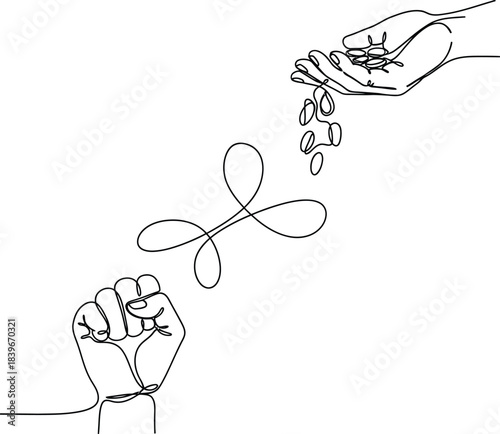 Powerful Line Art Illustration Depicting Social Justice, Finance, and Human Rights with Hand, Fist, and Falling Money