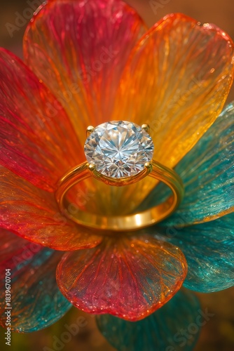 A shimmering diamond ring rests elegantly on transparent, multicolored petals, capturing a perfect blend of luxury, beauty, and artistic detail. 