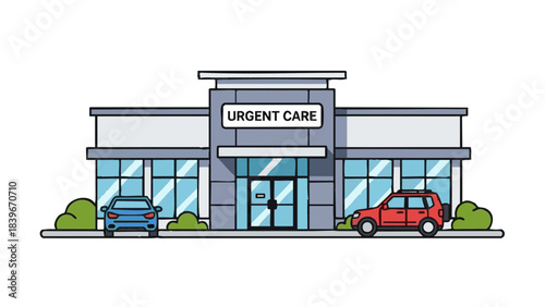 Urgent care building exterior with cars and green landscaping  