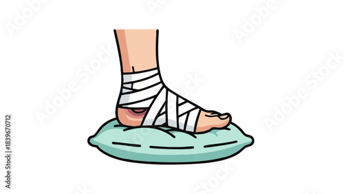 Injured foot wrapped in bandages resting on a cushion for healing  