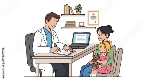 Family doctor taking notes while consulting mother and child in office  
