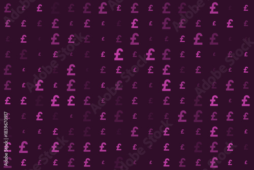 Abstract digital pattern of British Pound sterling currency symbols in varying shades of purple on a dark background, representing finance and economy.