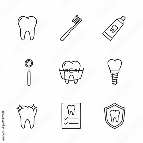 Collection of dental care icons representing oral hygiene and treatments