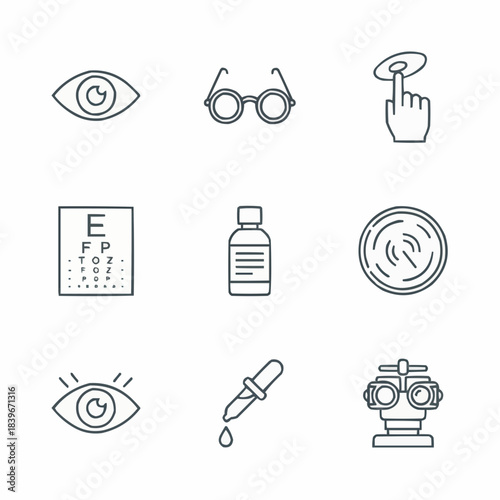 Outline icons for eye care, optometry, and vision health, isolated on white