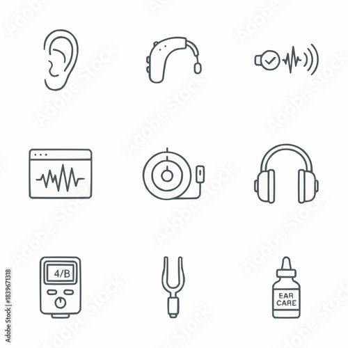 Outline icons for audiology, ear health, hearing aids, and sound testing on white…