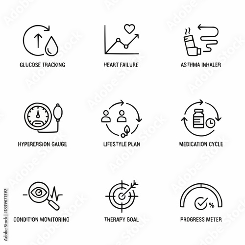 Set of nine outline medical and wellness tracking icons on a white background