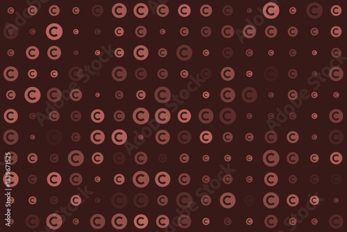 Abstract seamless pattern of varying size copyright symbols in shades of red and brown on a dark background, representing intellectual property and legal protection.