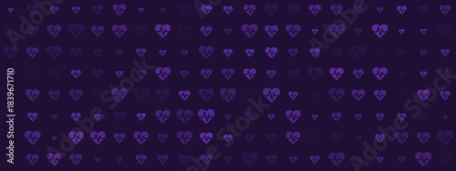 Abstract dark purple background with a seamless pattern of varying heart shapes, each containing an electrocardiogram line, symbolizing health, love, and medical technology.