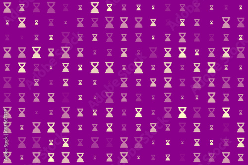 Seamless digital pattern of pixelated hourglass shapes in varying sizes and shades on a vibrant purple background, symbolizing time and measurement
