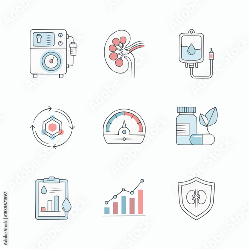 Kidney health and dialysis concept icons