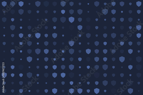 Abstract digital background with a seamless pattern of blue shield icons, representing security, protection, and technology in a modern design.