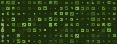Seamless green checkmark pattern background with varying shades and sizes for digital design and verification concepts
